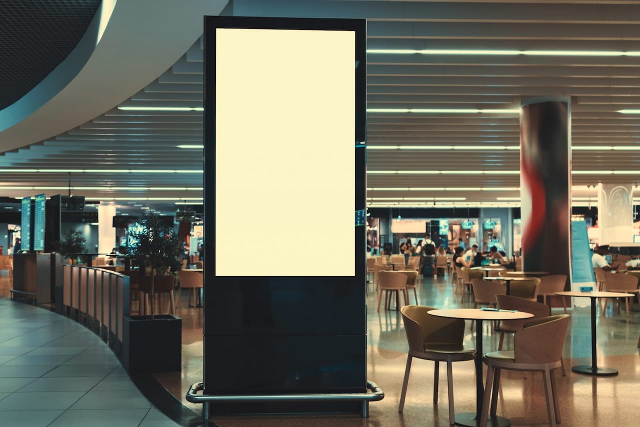 large cafe at an airport with acoustic baffles mitigating echo and noise