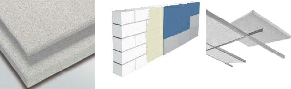 Diagrams of QuietStone™ acoustical ceiling and wall solutions. 