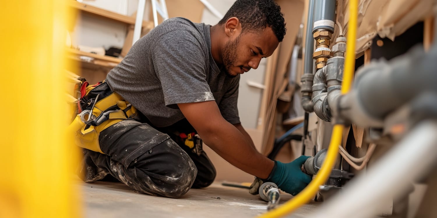 A male worker kneels, wearing a grey shirt, yellow tool belt, and dark work pants, while working on plumbing fixtures and pipes in a construction or repair setting. The scene shows a close-up view of his hands and the work.